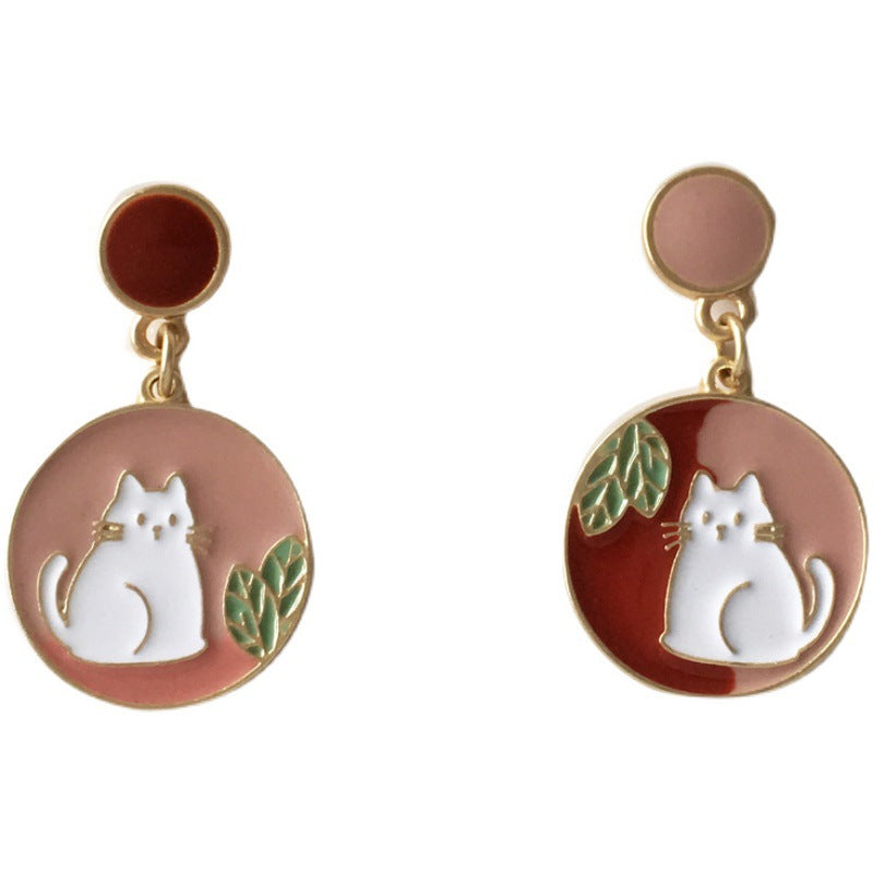 Silver Needle Japanese Cute Kitty Stud Earrings Temperament Simple Round Oil Drop