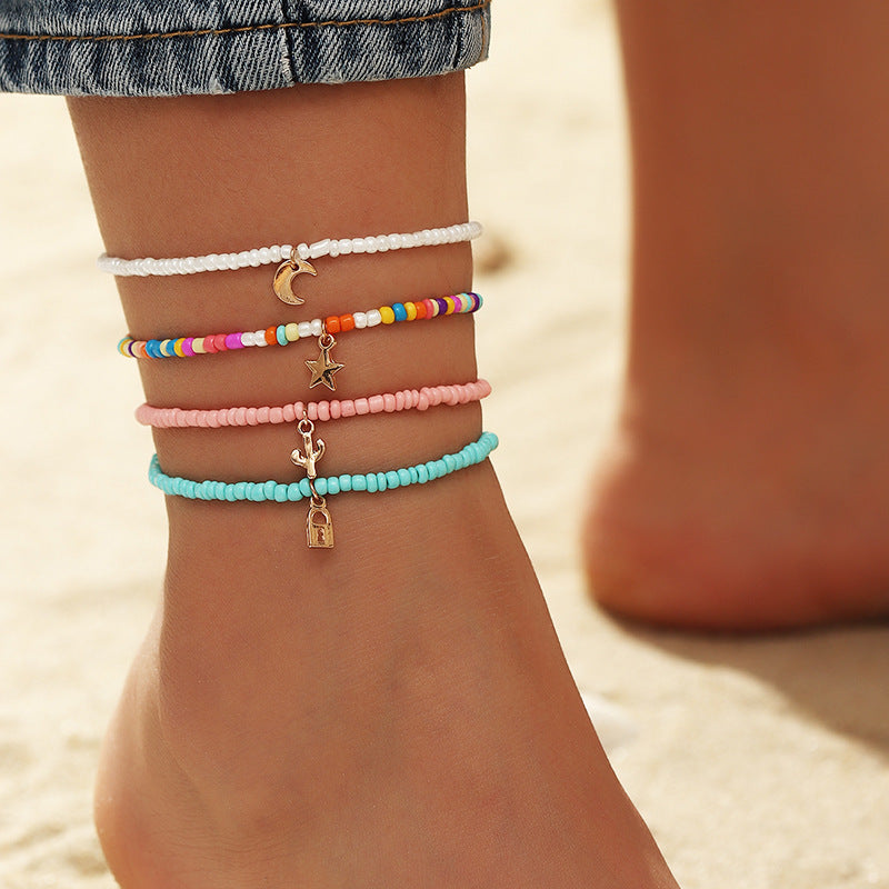 Personality Creative Trend Rice Bead Anklet Lock Pendant Hand-woven Anklet