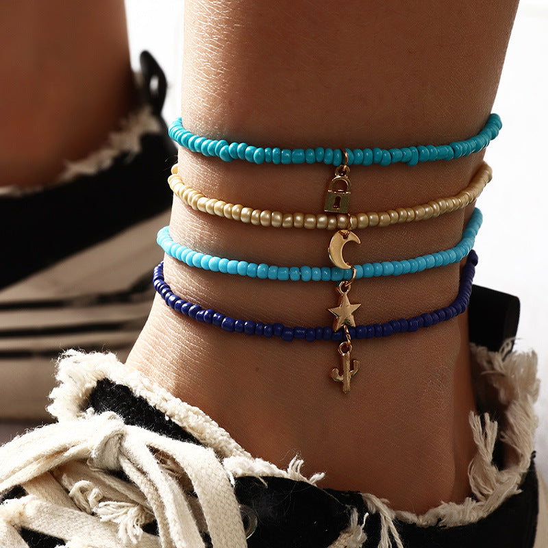 Personality Creative Trend Rice Bead Anklet Lock Pendant Hand-woven Anklet