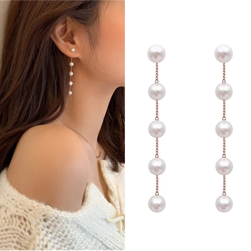 Long Pearl String Tassel Silver Earrings With Simple Personality