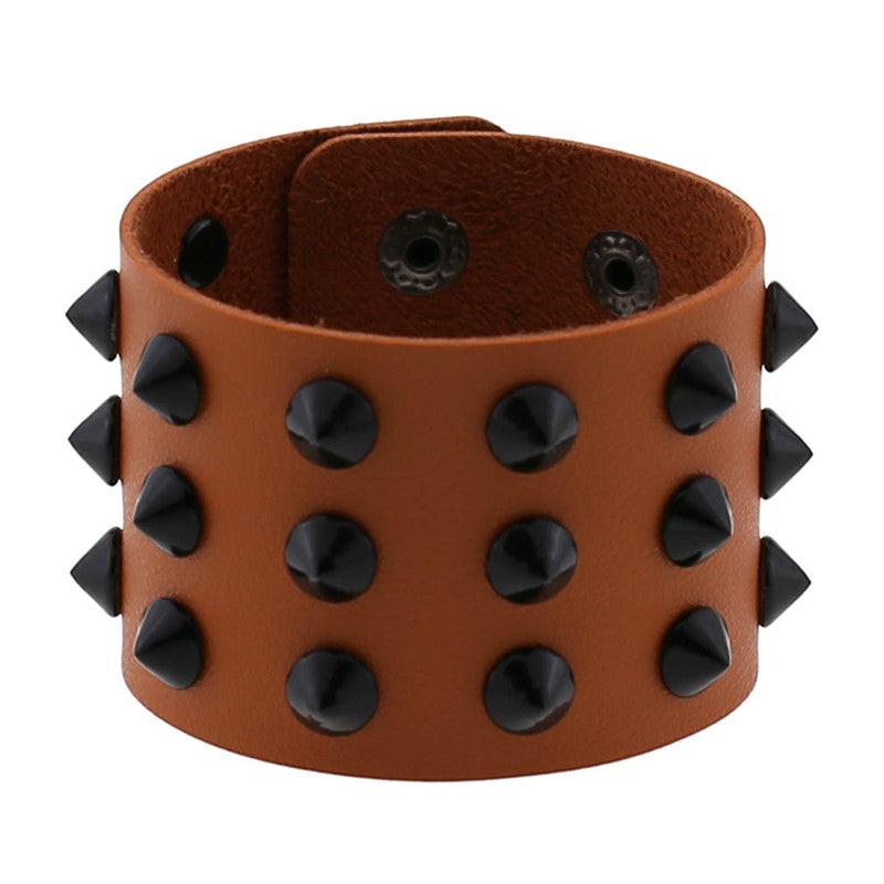 Non-mainstream Exaggerated Black Tapered Spiked Rivet Three-row Leather Wide Bracelet