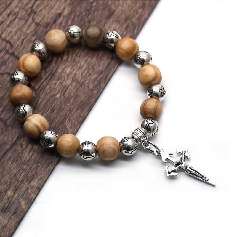 Pine Wood Beads Cross Beads Virgin Christ Cross Bracelet Beads Bracelet Beads Bracelet