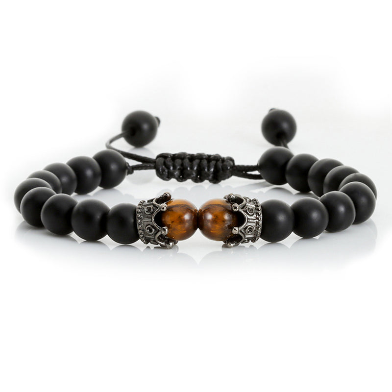 Black Lava Stone Bracelet with Crown Charm & Tiger Eye Beads