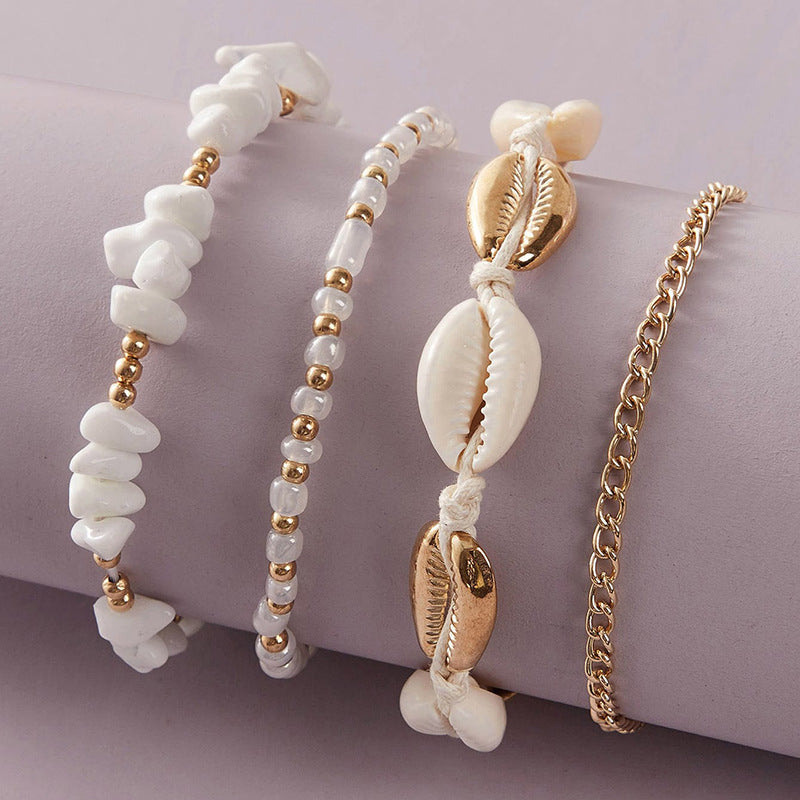 White Small Gravel Beach Shell Rice Bead Braided Anklet 4-piece Set