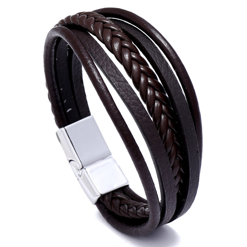 Men's Retro Multi-layer Leather Woven Bracelet With Magnetic Buckle