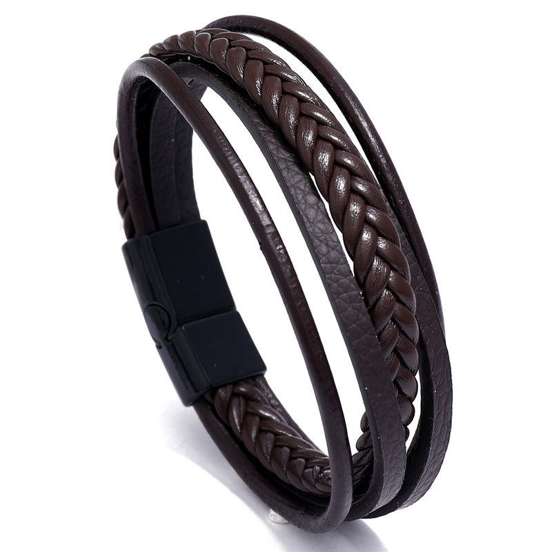 Men's Retro Multi-layer Leather Woven Bracelet With Magnetic Buckle