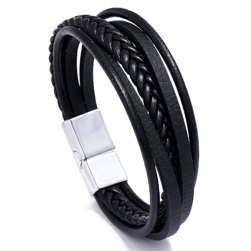 Men's Retro Multi-layer Leather Woven Bracelet With Magnetic Buckle