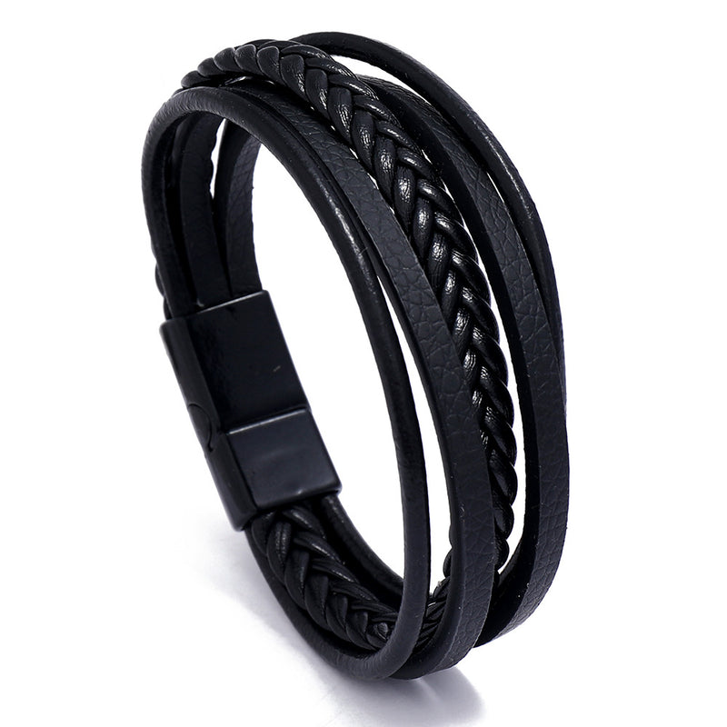 Men's Retro Multi-layer Leather Woven Bracelet With Magnetic Buckle