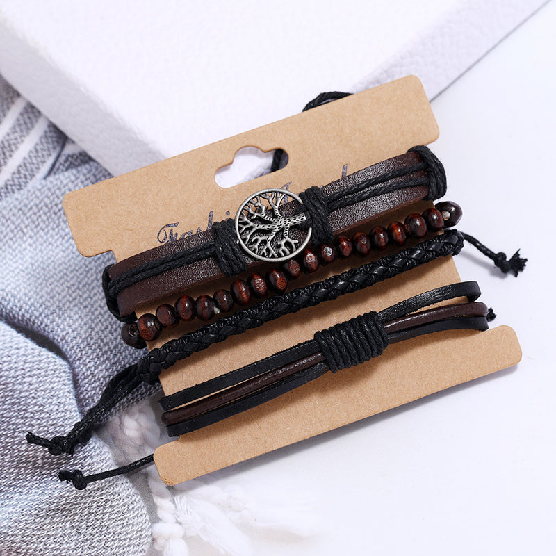 Multi-layer Three-piece Hand-woven Retro Style Bracelet Peace Tree Life Tree Leather Bracelet