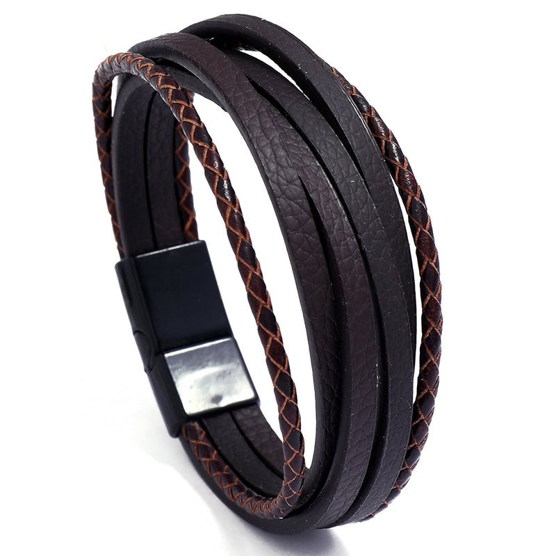 Accessories Multilayer Simple Weave Men's Leather Bracelet Magnet Buckle Imitation Cowhide Bracelet