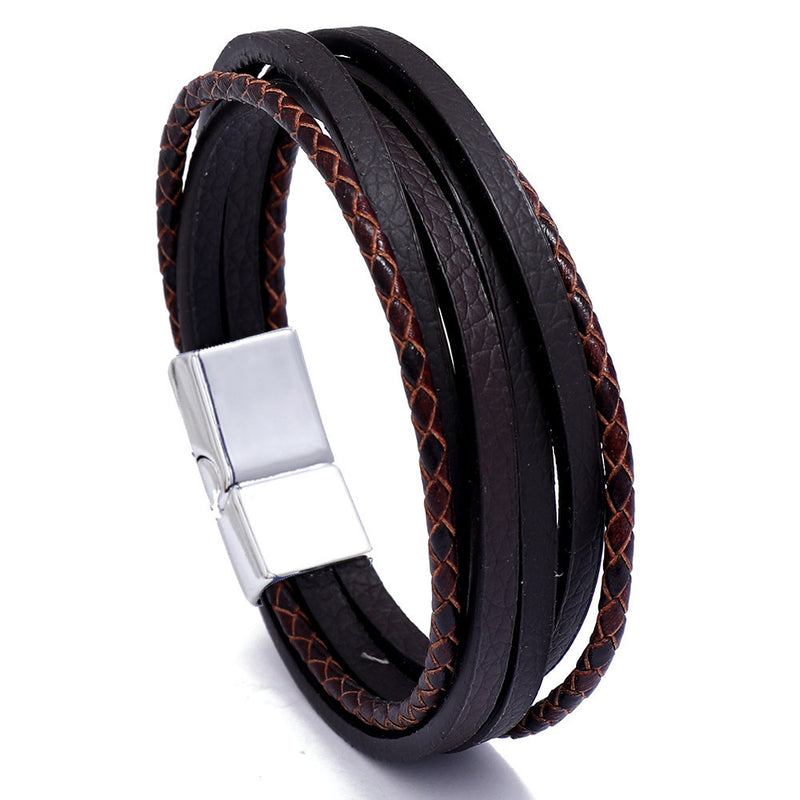 Accessories Multilayer Simple Weave Men's Leather Bracelet Magnet Buckle Imitation Cowhide Bracelet