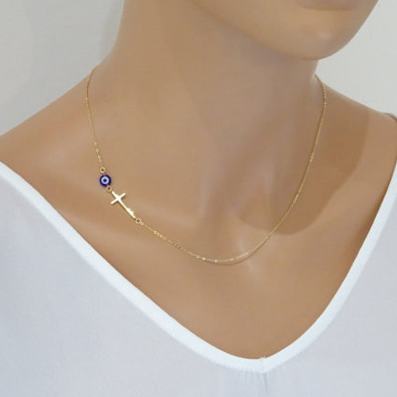 Cross blue eyes clavicle women's necklace