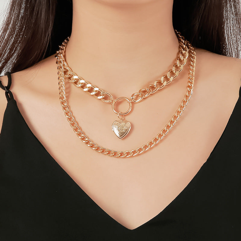 Double Heart Pendant Thick Chain Necklace