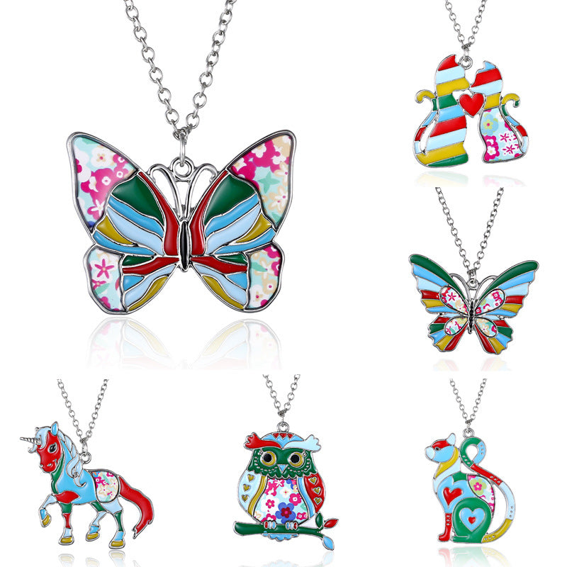 Cross-border European and American painting oil sticker pendant necklace/animal sticker printing series necklace spot direct sales