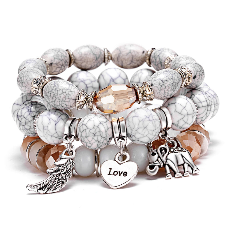 Elephant Love Wings Natural Stone Bracelet Set
