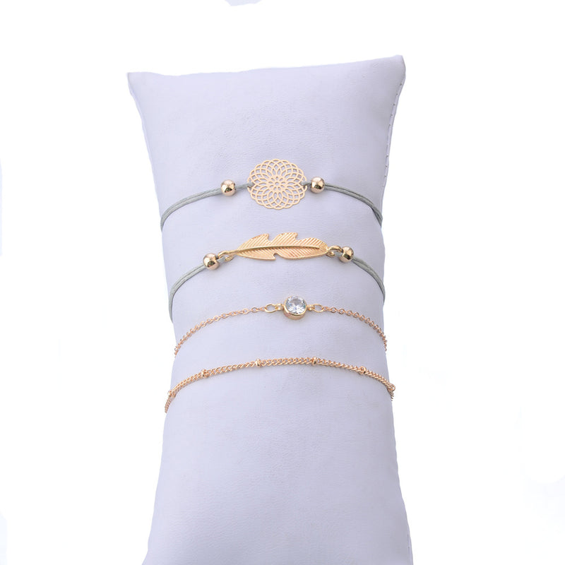 Openwork Flower Leaf Studded Zircon Bead Chain Bracelet Four-piece Jewelry