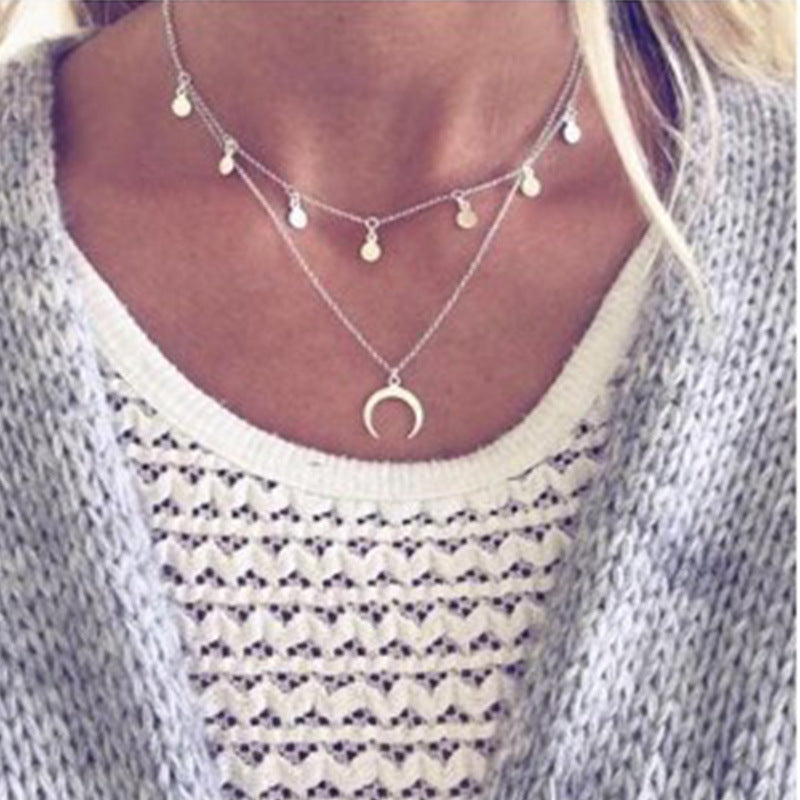 Round Moon Pendant Multilayer Crescent Necklace