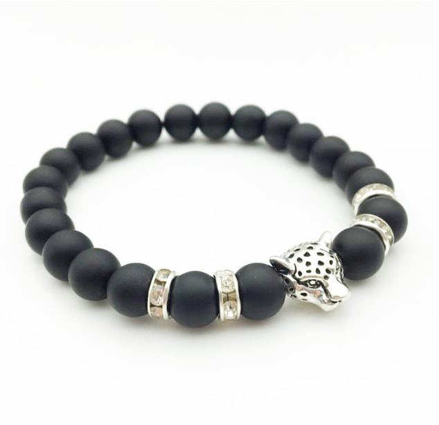 Natural Stone Lava Bead Handmade Bracelet with Leopard Head Pendant