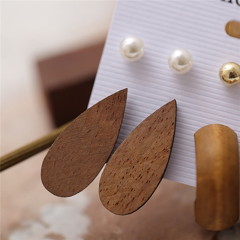 Drop-shaped Wood And Metal Square Heart Earrings Set