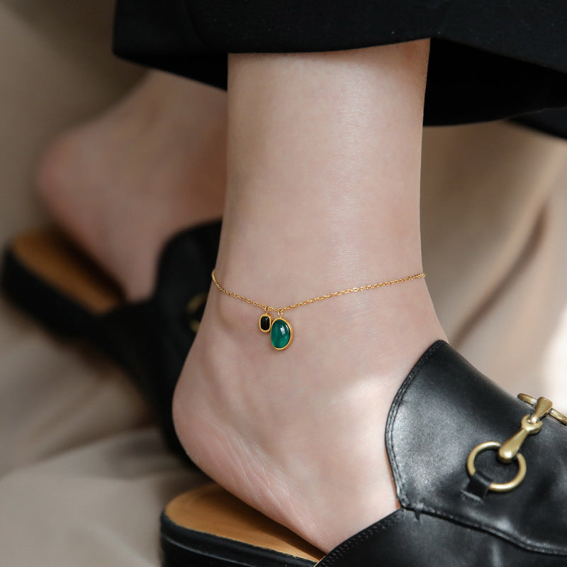 Titanium Emerald Onyx Square Geometric Vintage Statement Anklet