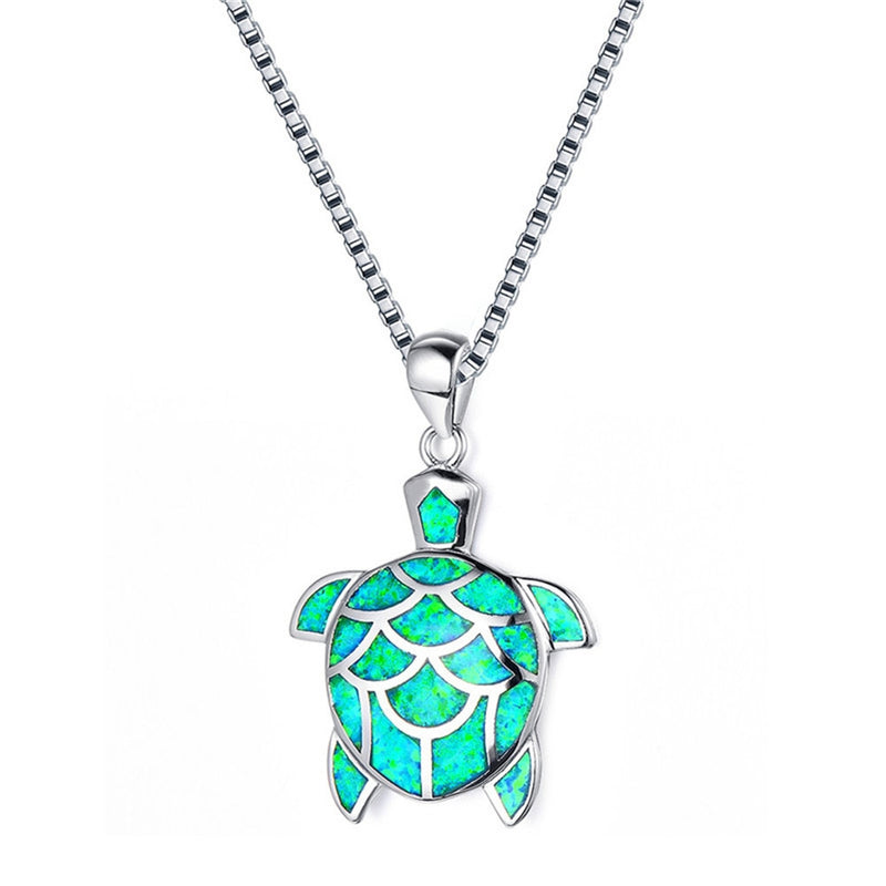 Blue opal ladies cute little turtle necklace