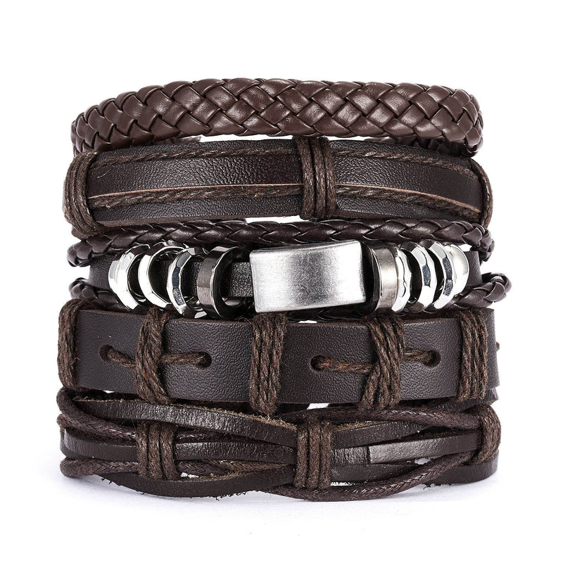 Men's Cross Braided Leather Adjustable Set Bracelet