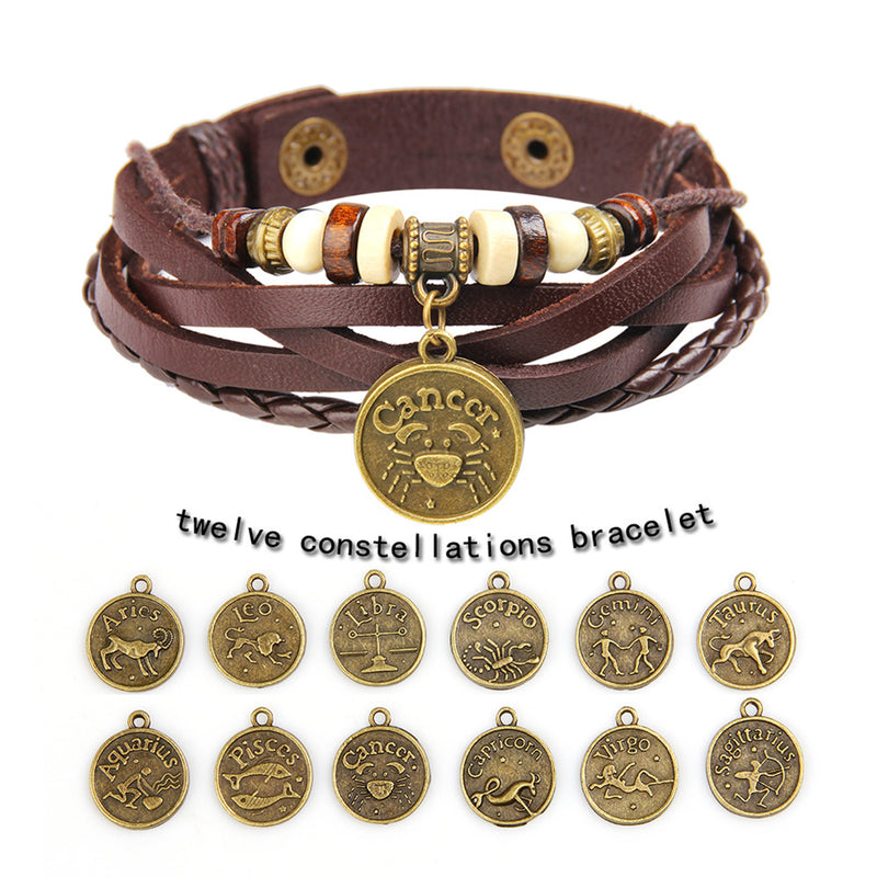 Newest Fashion Retro Astrological Sign Coin Lucky Charm Multi-layer Faux Leather Unisex Bracelet