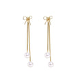 Silver Post Pearl Tassel Earrings Long Fashion Bow Stud Earrings