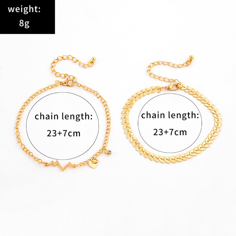 Leaf Wave Peach Heart Small Diamond Anklet Fashion Two-Piece Set