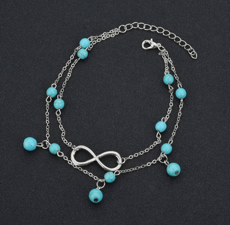 New multi-layered 8-word turquoise stone anklet