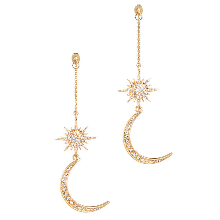 Diamond rhinestone tassel sun moon stud earrings