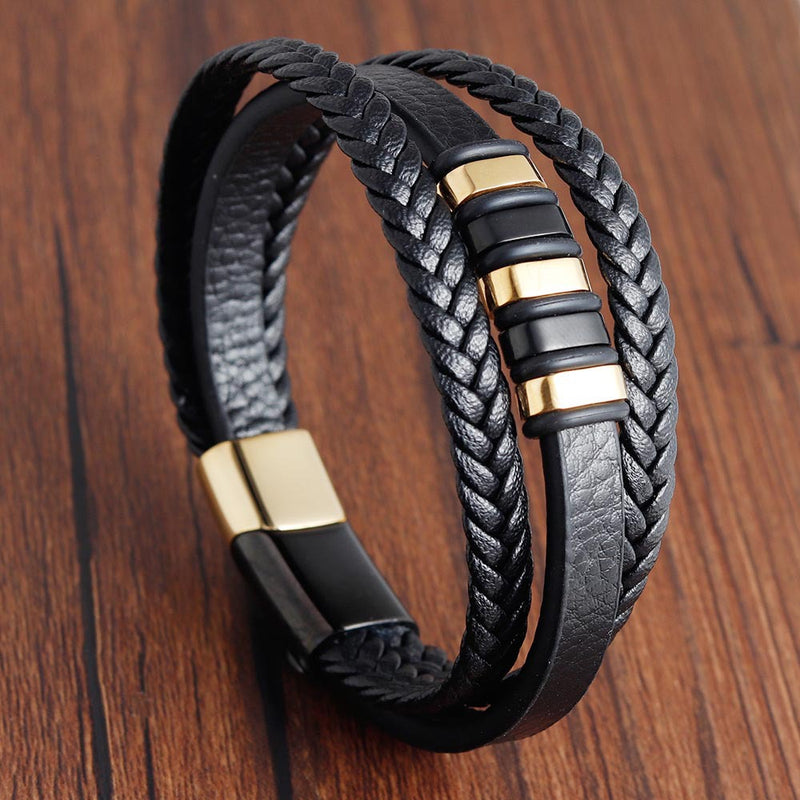 Men's Stainless Steel Leather Braided Multilayer Bracelet