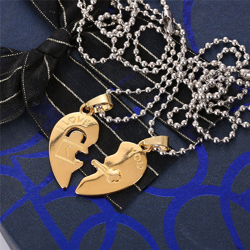 Golden Love Stitching Key Lock Pendant Round Bead Chain Necklace