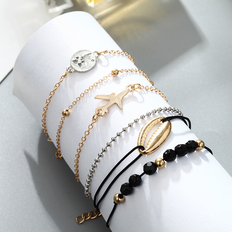 Fashion Alloy Shell Airplane Round Bead Chain Bracelet Six-Piece Set Combination Bracelet