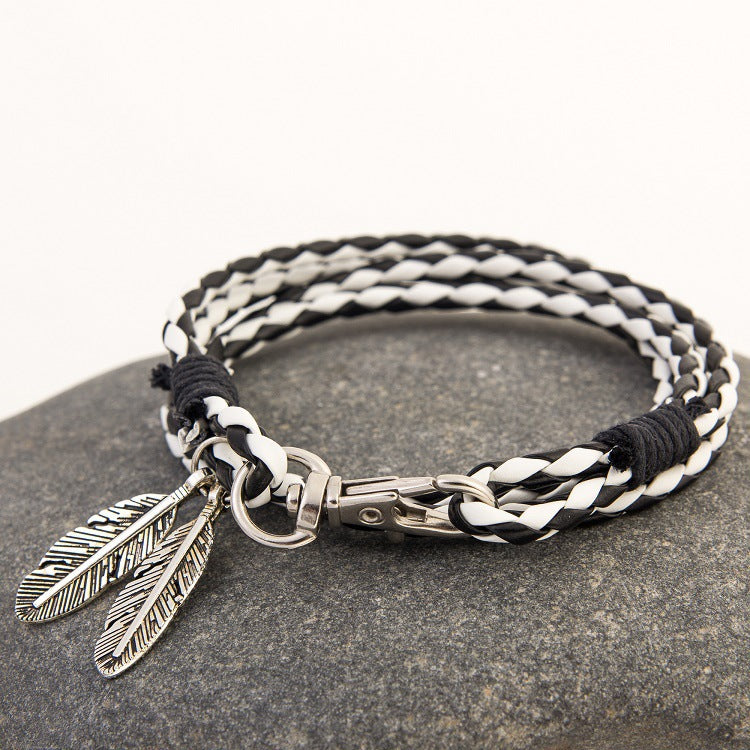 Double Feather Pendant Leather Charm Friendship Bracelets & Bangles