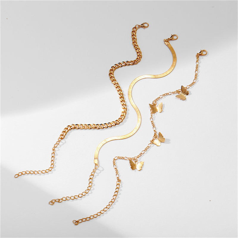 Alloy Metal Leaf Love Simple Personality Anklet Suit Multi-Layer Chain Butterfly Pendant Anklet