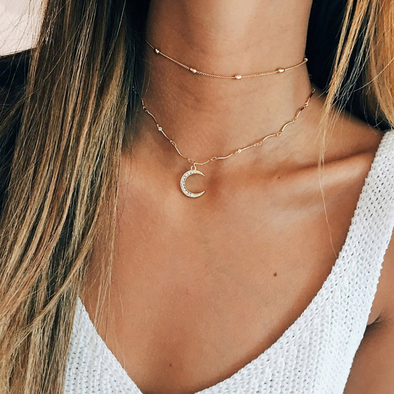 Double Chain Crystal Moon Choker Pendant Women