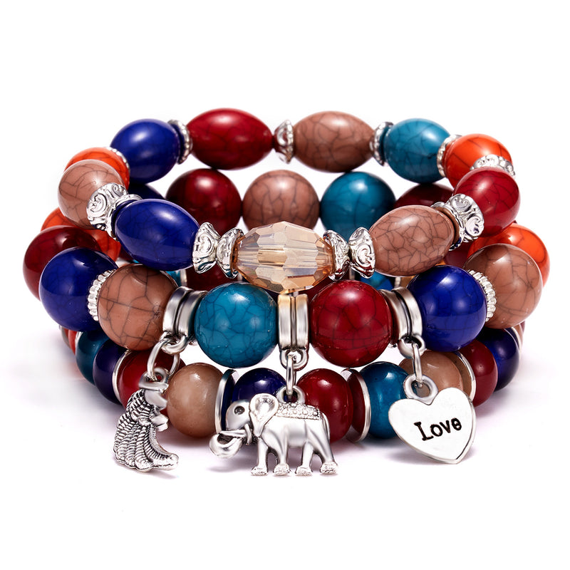 Elephant Love Wings Natural Stone Bracelet Set