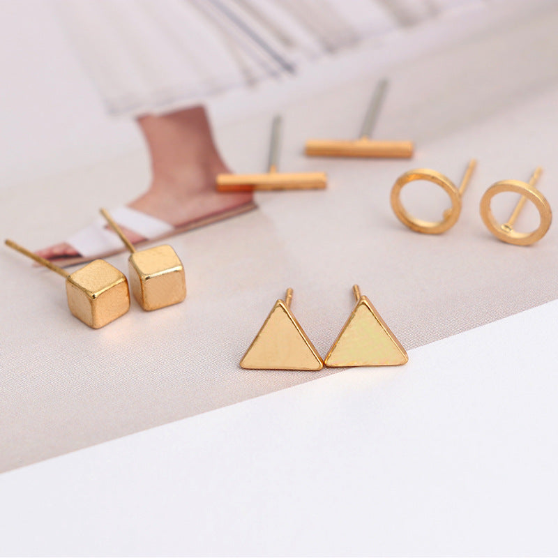 Europe and the United States simple wind geometric square triangle round word studs four-piece fashion combination four-piece earrings