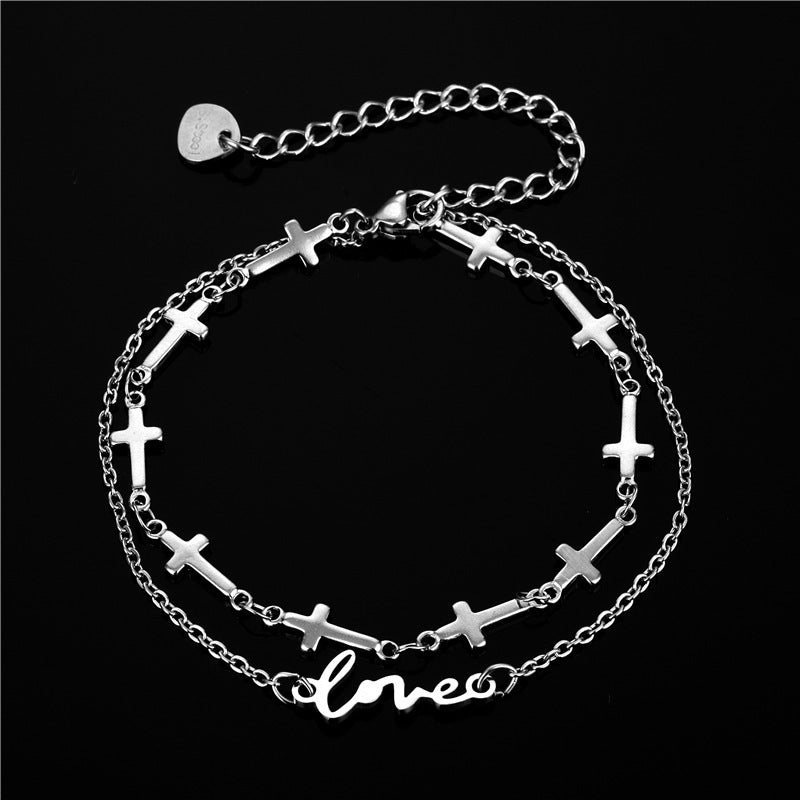 Cross Double Layer Titanium Steel Stainless Steel Bracelet