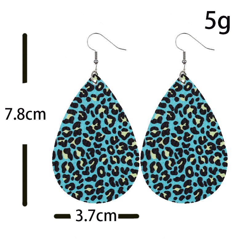 Leather Earrings With Drop-shaped Leopard Print On Both Sides