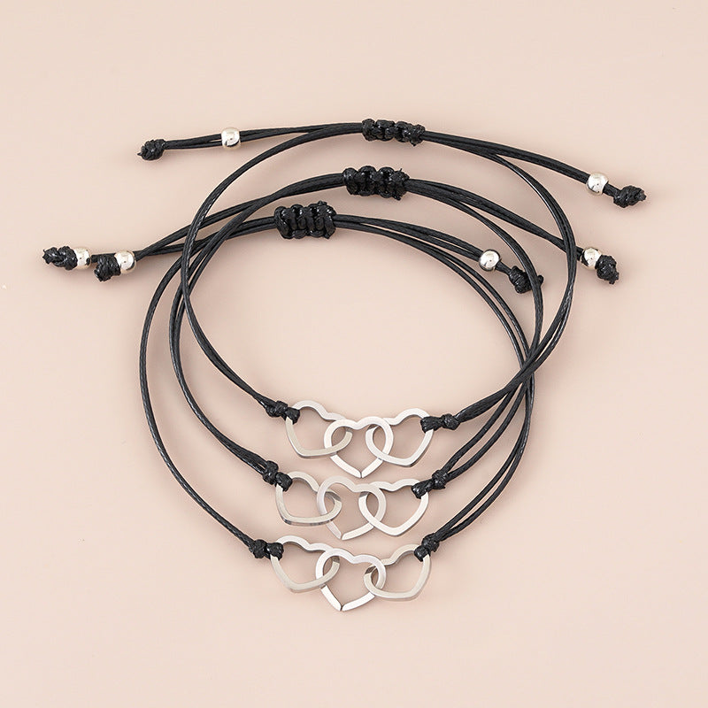 Stainless Steel Hollow Love Sisters Friendship Wax Line Hand-woven Bracelet Set