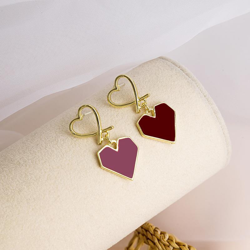 S925 Silver Needle Wine Red Heart Love Stud Earrings