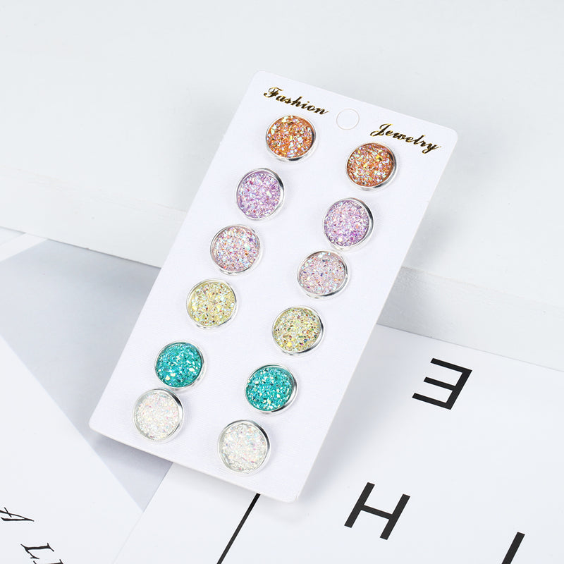 European And American Fashion Colorful Round Earrings Combination One Card 6 Pairs Set