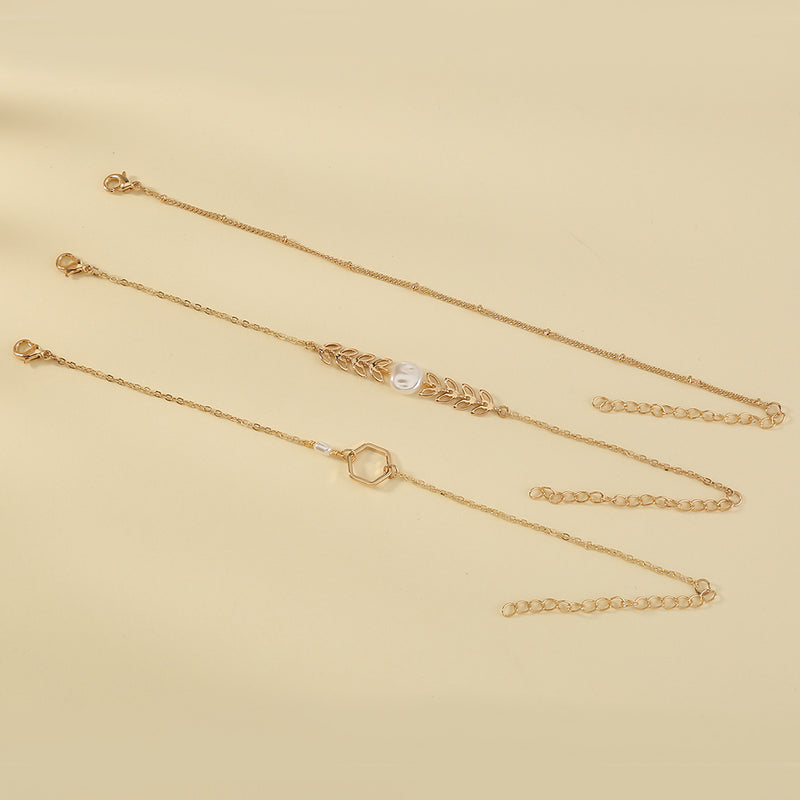 Fashion creative leaf wheat ear geometry pearl bracelet set of 3 pieces