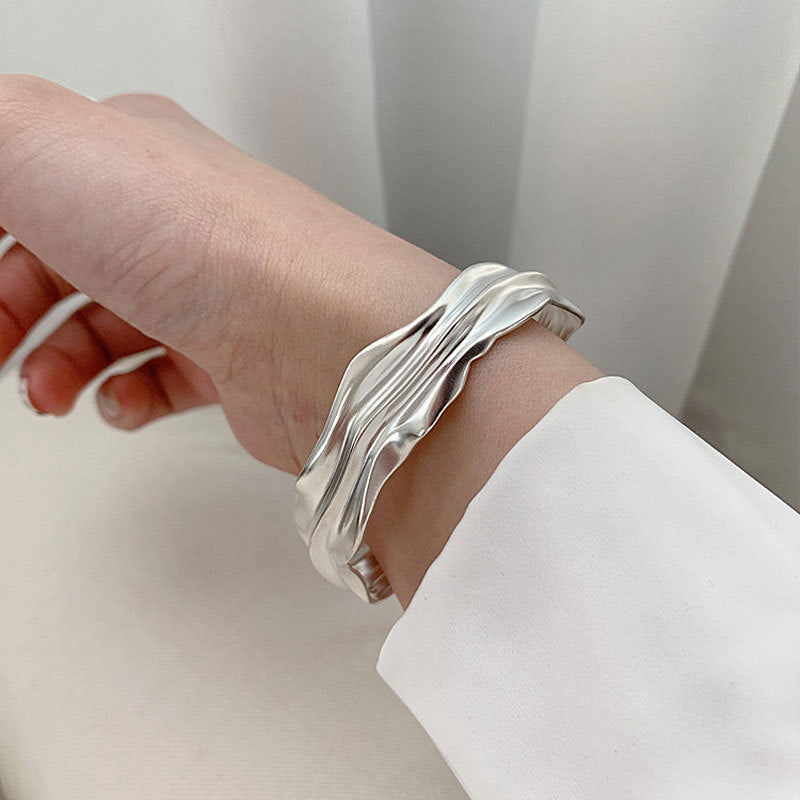 Irregular Fold Texture Wide Opening Sterling Silver Bracelet