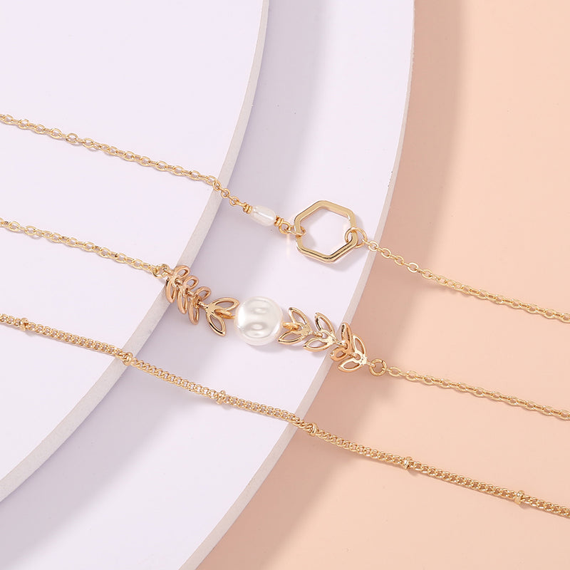 Fashion creative leaf wheat ear geometry pearl bracelet set of 3 pieces