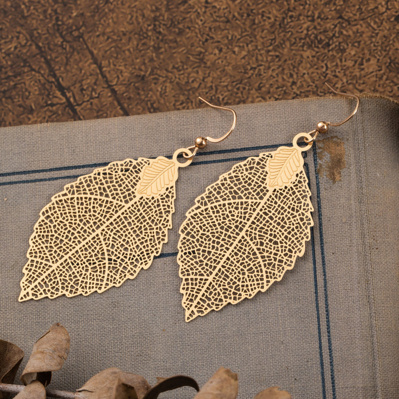 Fashion Metal Leaf Female Personality Hollow Carved Temperament Long Earrings
