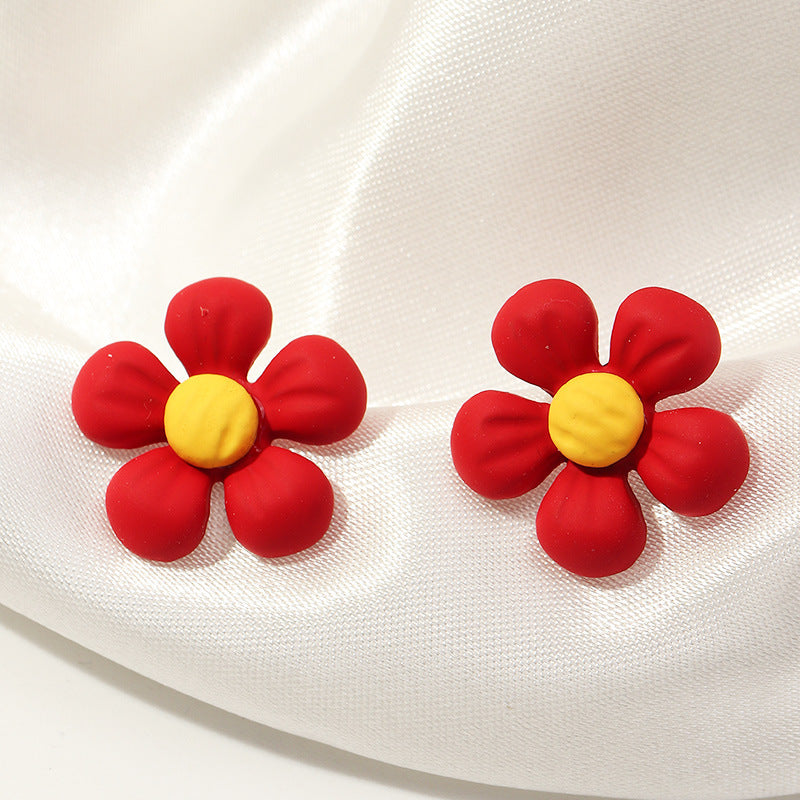 Simple Personality Trendy Drip Glaze Heart-shaped Temperament Small Red Flower Earrings