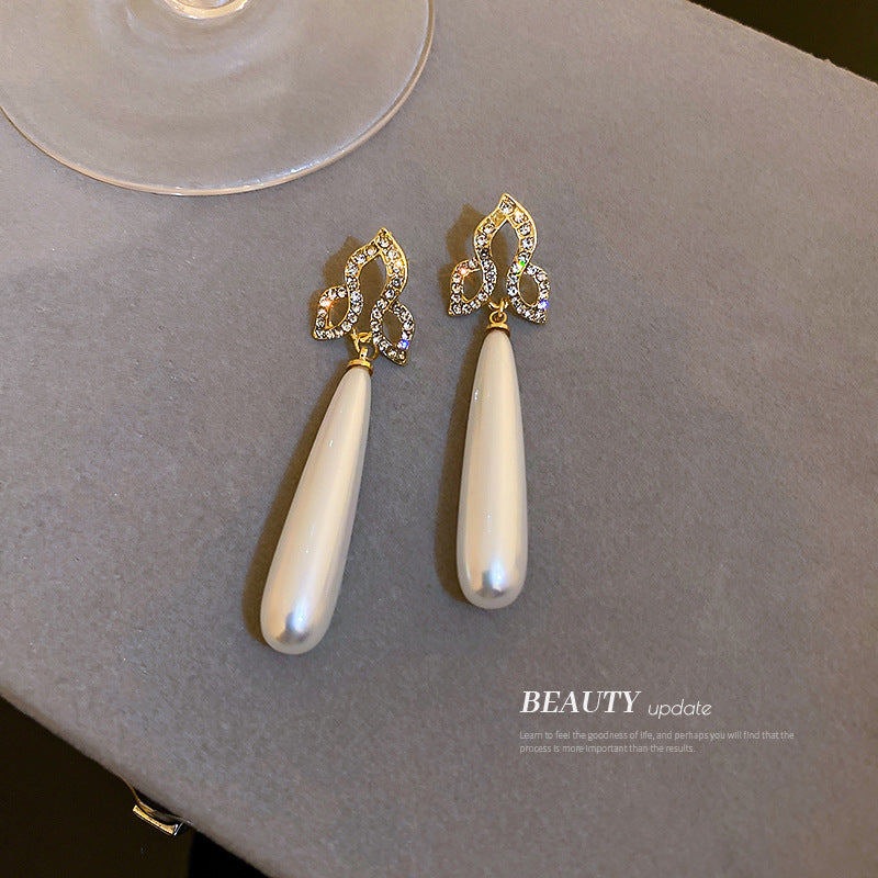 Silver Post Diamond Drop-Shaped Pearl Earrings